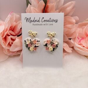 Heart Earrings with Floral and Bow Design